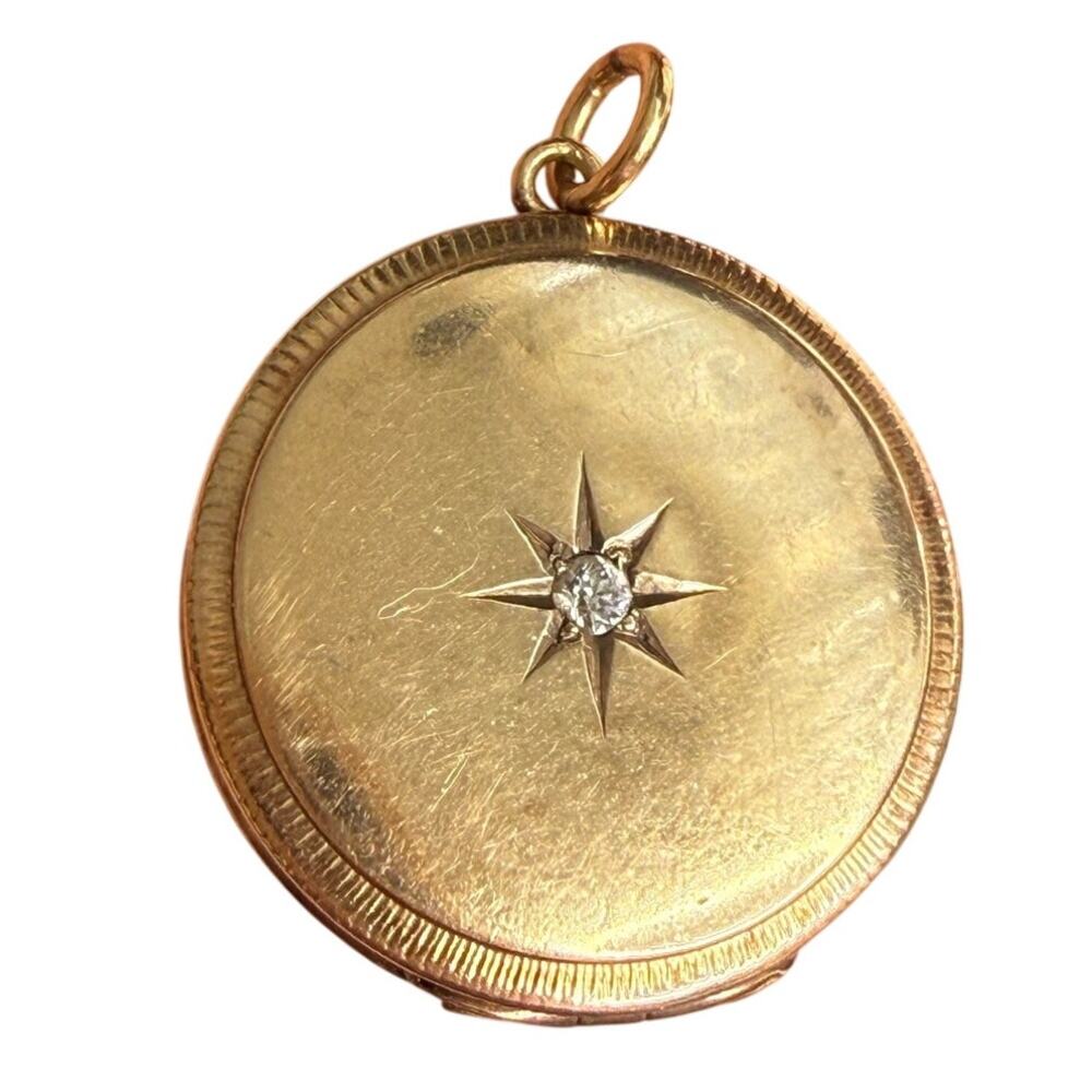 Edwardian Solid 14K Gold Diamond Starburst Photo Locket Pendant Antique 4,2g - Picture 8 of 12